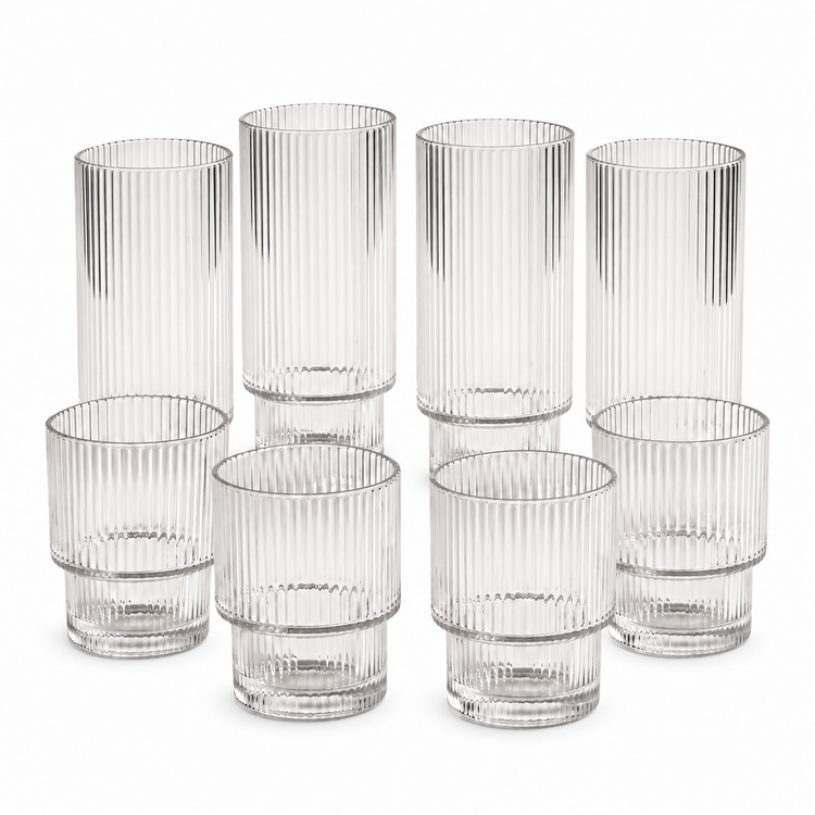 Verres nervurés empilables Ridge Vintage — Ensemble de 8 (4 x 325 ml + 4 x 185 ml) — Photo 1