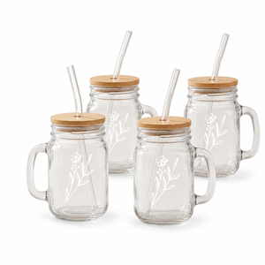 JS Gourmet Chopes en verre style pot Mason avec couvercle en bambou et paille en verre - Ensemble de 4, 450 ml - Simple Boutique