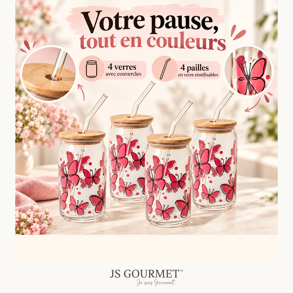 Gobelets en verre avec couvercle en bambou et paille en verre, 350 ml - Papillons - Lot de 4 — Avantages — logo original JS-Gourmet