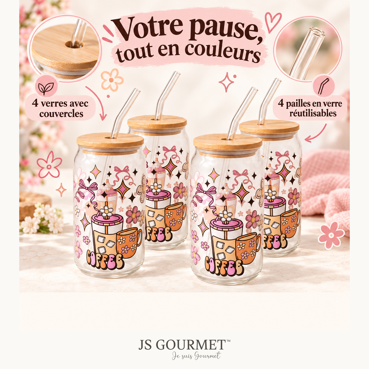 Gobelets en verre avec couvercle en bambou et paille en verre, motif café - Lot de 4 — Avantages — logo original JS-Gourmet