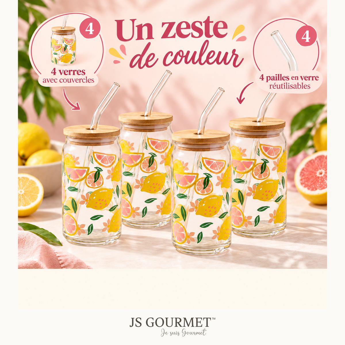 Gobelets en verre avec couvercle en bambou et paille en verre, motif citron - Lot de 4 — Avantages — logo original JS-Gourmet
