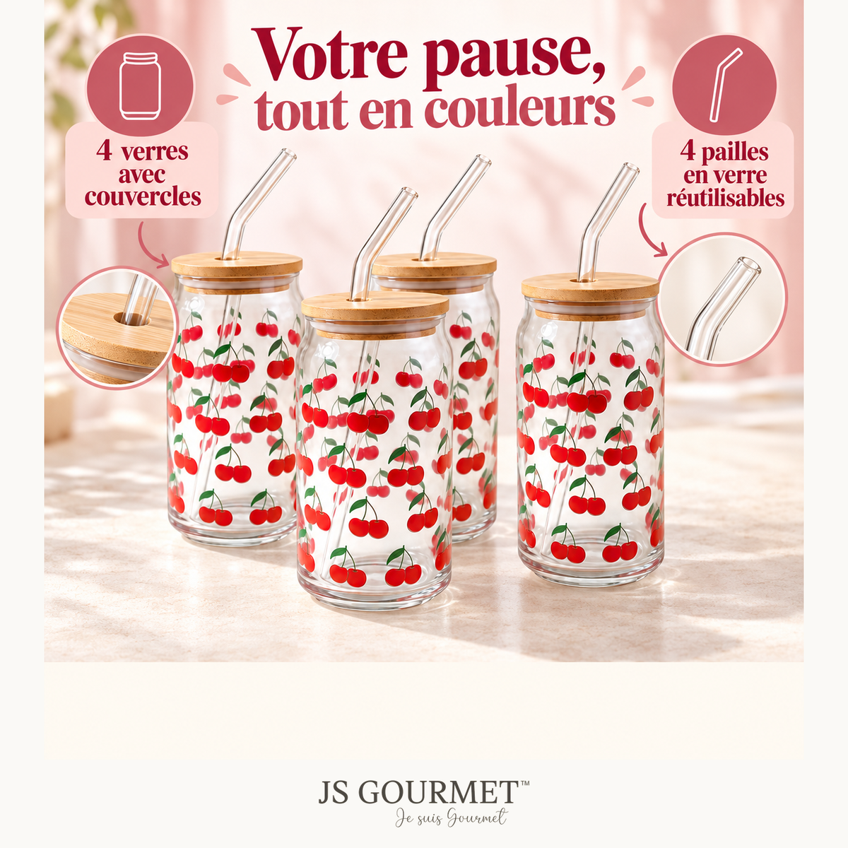 Gobelets en verre avec couvercle en bambou et paille en verre, motif de cerises - Lot de 4 — Avantages — logo original JS-Gourmet
