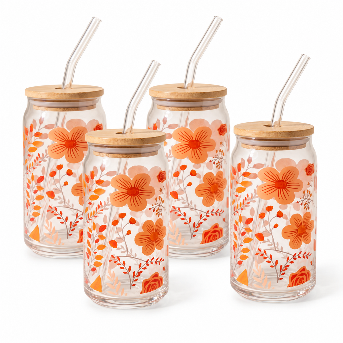 Gobelets en verre avec couvercle en bambou et paille en verre, 350 ml (lot de 4) - Motif floral — lot complet sur fond blanc
