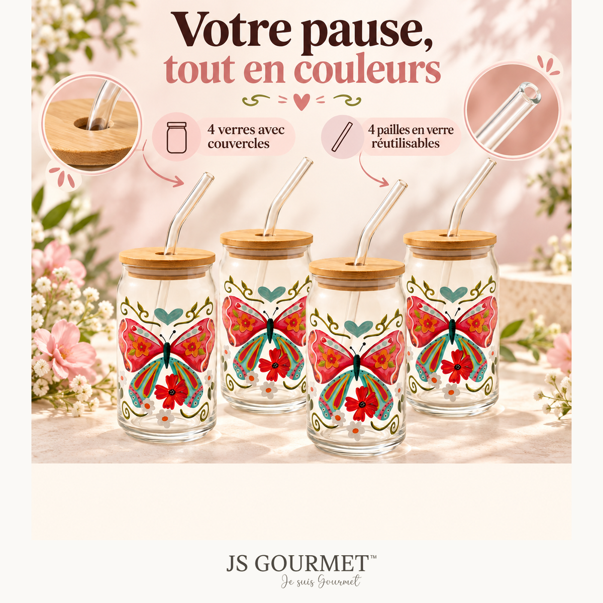 Gobelets en verre avec couvercle en bambou et paille en verre, 350 ml - Butterfly Fiesta - Lot de 4 — Avantages — logo original JS-Gourmet