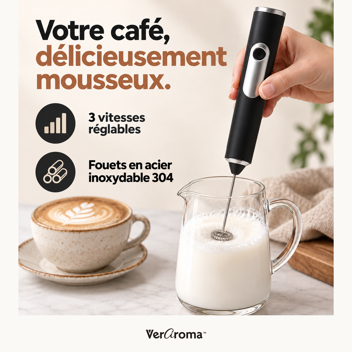 Mousseur à lait multifonction rechargeable USB 3-en-1 — mousse-v2 — logo original VerAroma