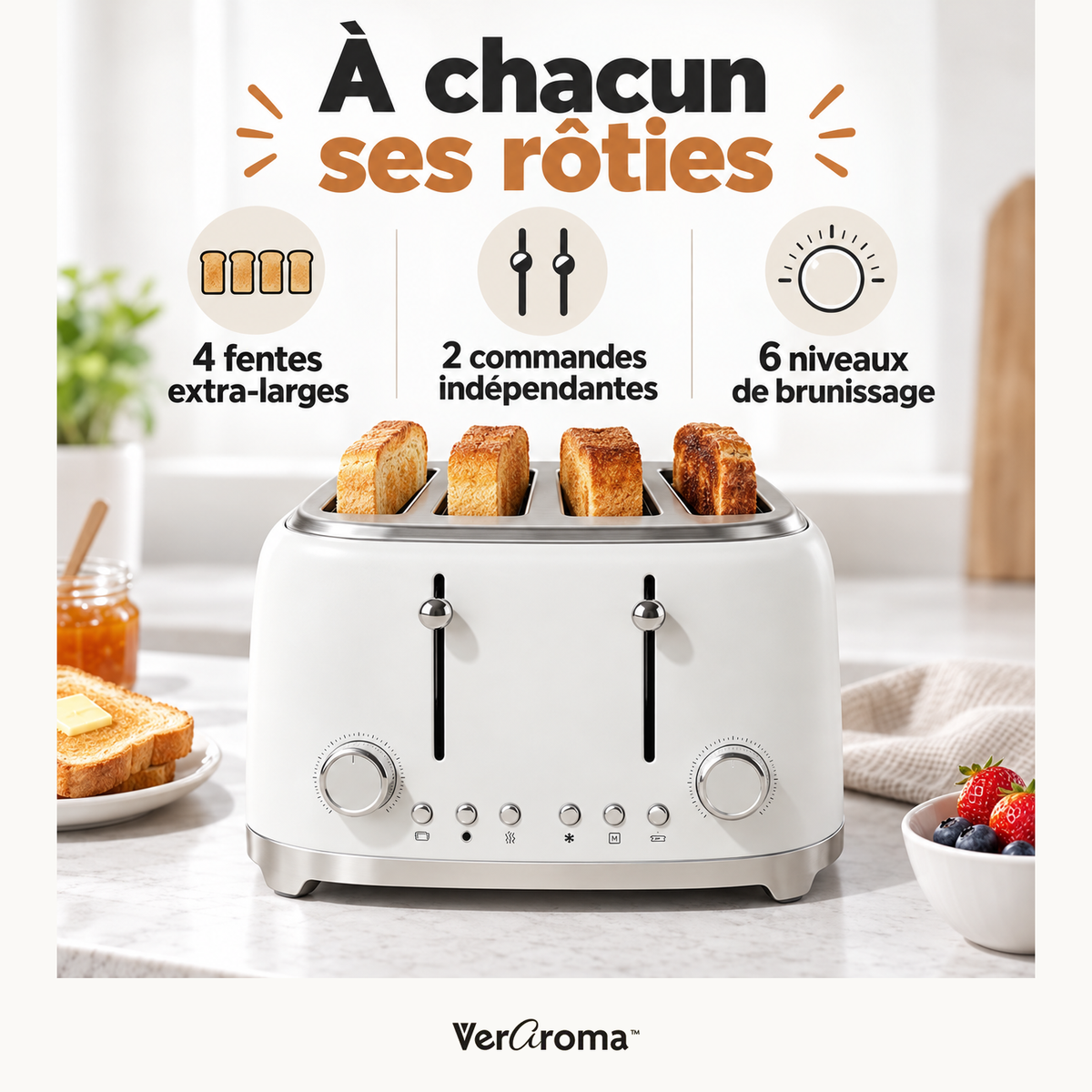 Grille-pain 4 tranches en acier inoxydable, 6 niveaux de brunissage, blanc mat, 1500 W — quatre tranches — logo original VerAroma