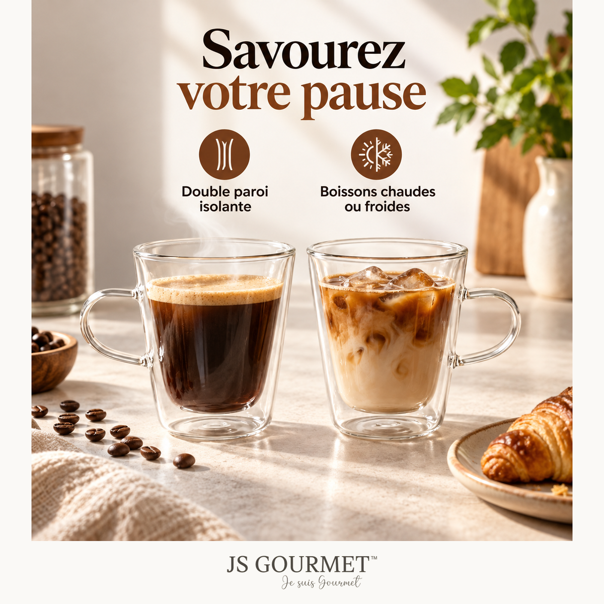 Mugs en verre double paroi évasés, 250 ml - Lot de 2 — Avantages — logo original JS-Gourmet