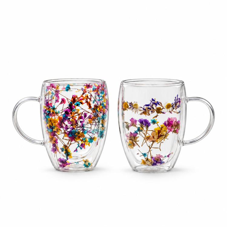 Mug isotherme en verre à double paroi avec fleurs séchées flottantes, lot de 2 (350 ml)