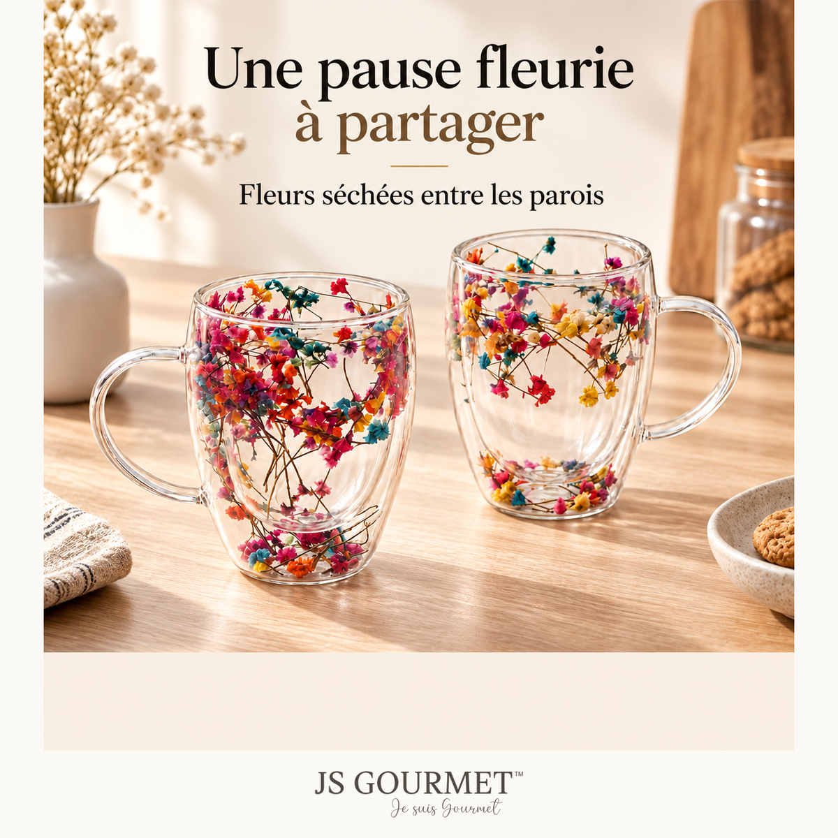 Tasses en verre à double paroi avec fleurs séchées flottantes multicolores, 350 ml - Lot de 2 — Avantages — logo original JS-Gourmet