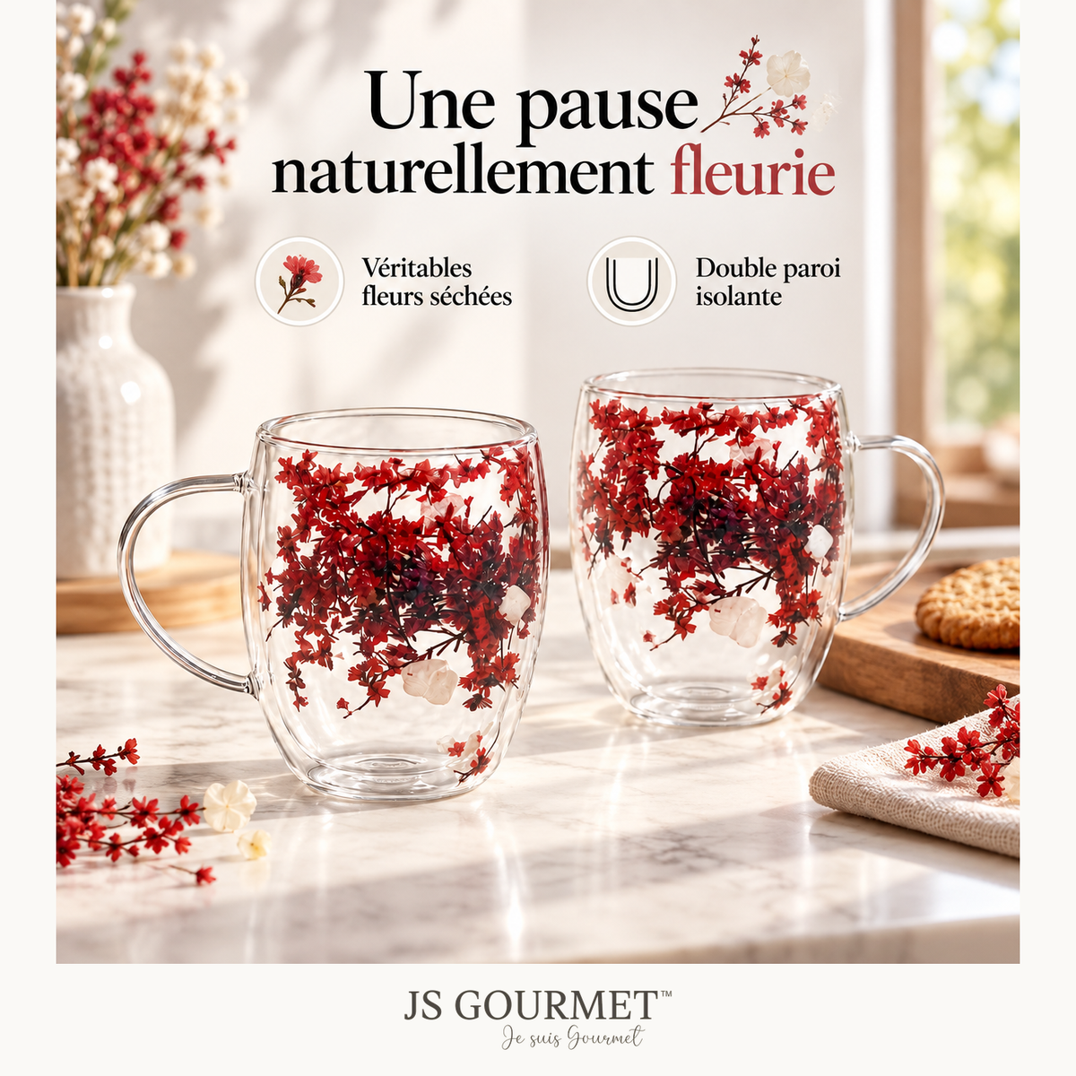 Tasses en verre à double paroi avec fleurs séchées flottantes rouges, 350 ml - Lot de 2 — Avantages — logo original JS-Gourmet