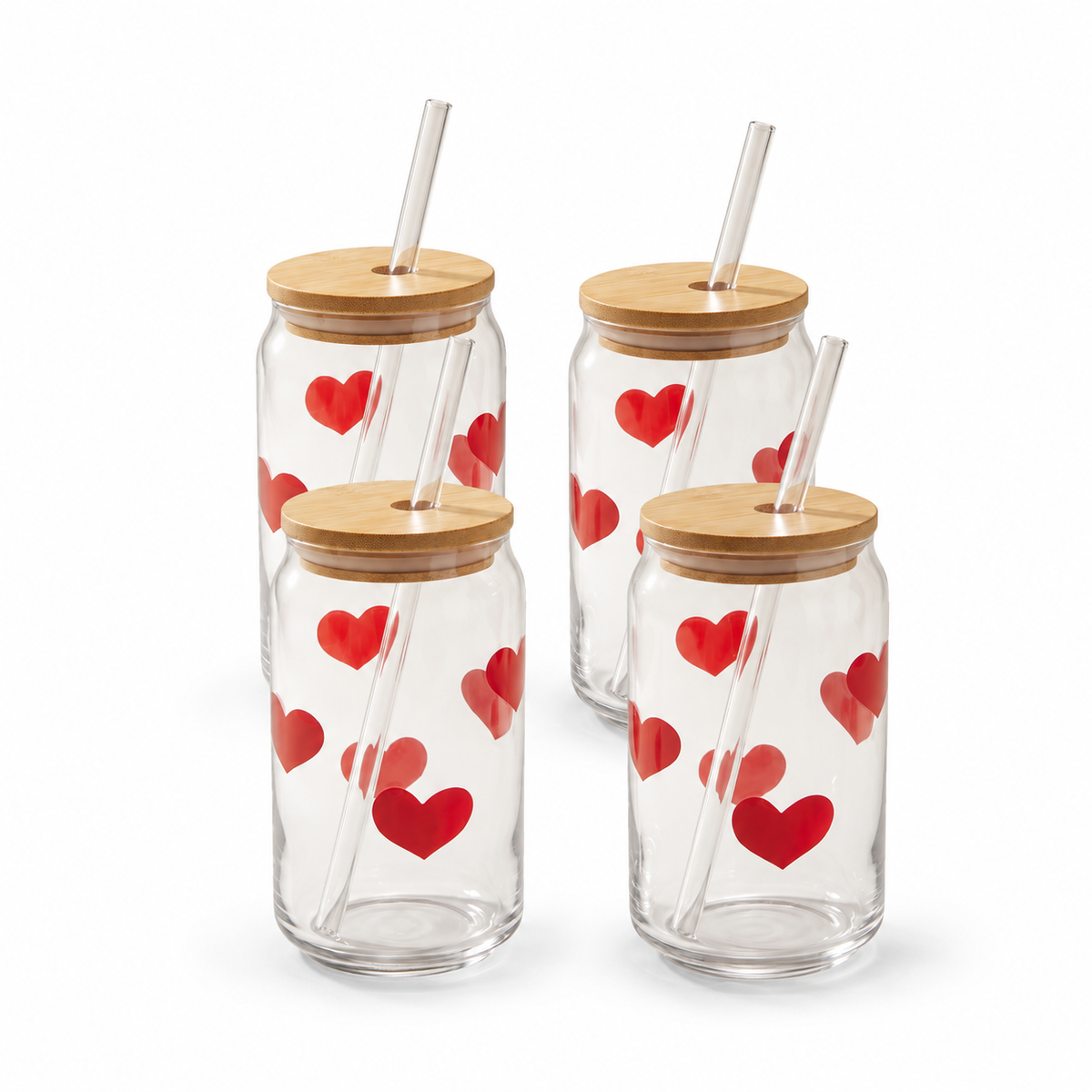 JS Gourmet Gobelets en verre Icon 3D avec couvercle en bambou et paille en verre, cœur rouge (ensemble de 4) - Simple Boutique