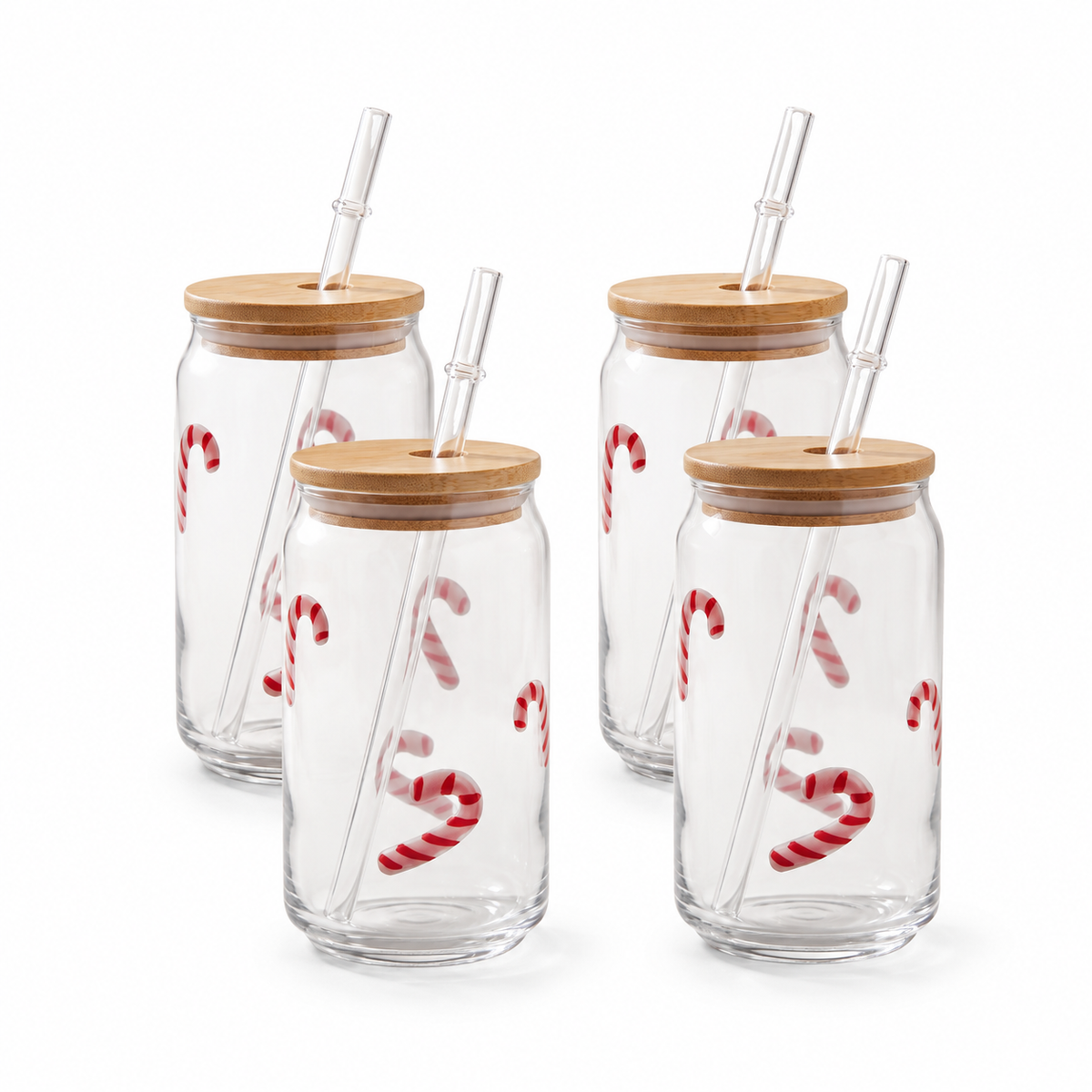 JS Gourmet Gobelet en Verre 3D Icon avec Couvercle en Bambou et Paille en Verre, Canne à Sucre (Lot de 4) - Simple Boutique