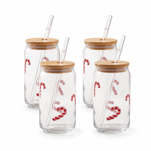 JS Gourmet Gobelet en Verre 3D Icon avec Couvercle en Bambou et Paille en Verre, Canne à Sucre (Lot de 4) - Simple Boutique