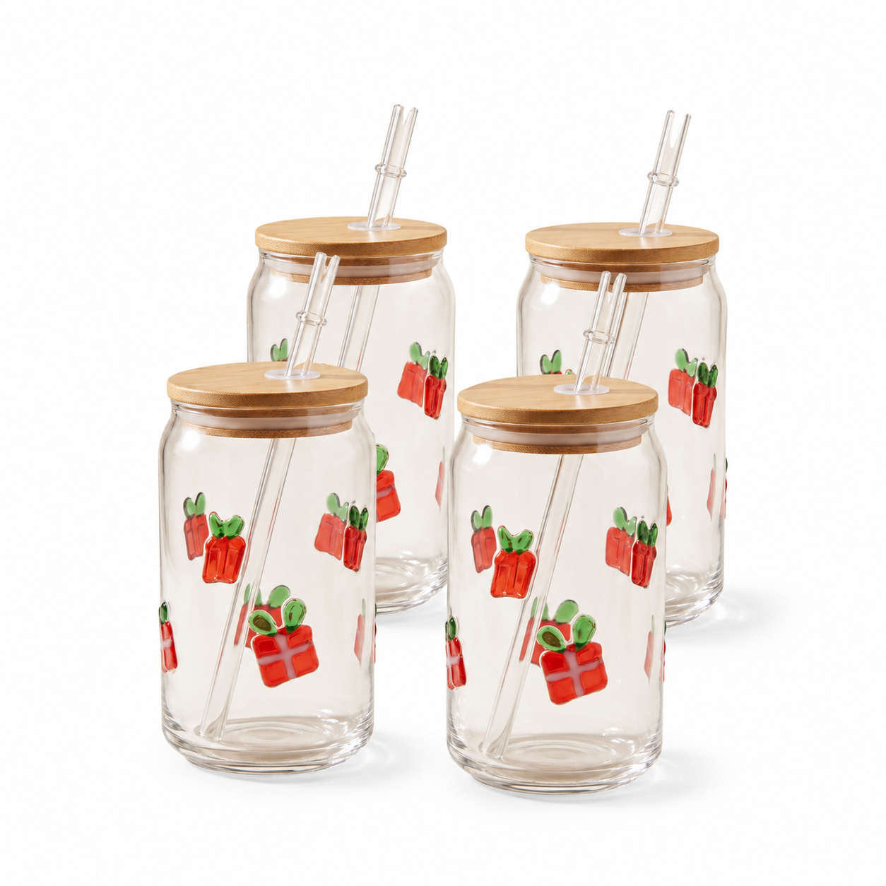 JS Gourmet Gobelets en verre 3D Icon avec couvercle en bambou et paille en verre, 500 ml, cadeau de Noël - Lot de 4 - Simple Boutique