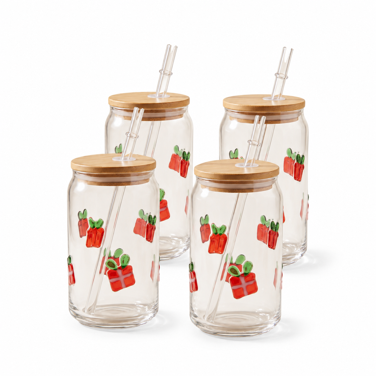 JS Gourmet Gobelets en verre 3D Icon avec couvercle en bambou et paille en verre, lot de 4 (500 ml, cadeau de Noël) - Simple Boutique