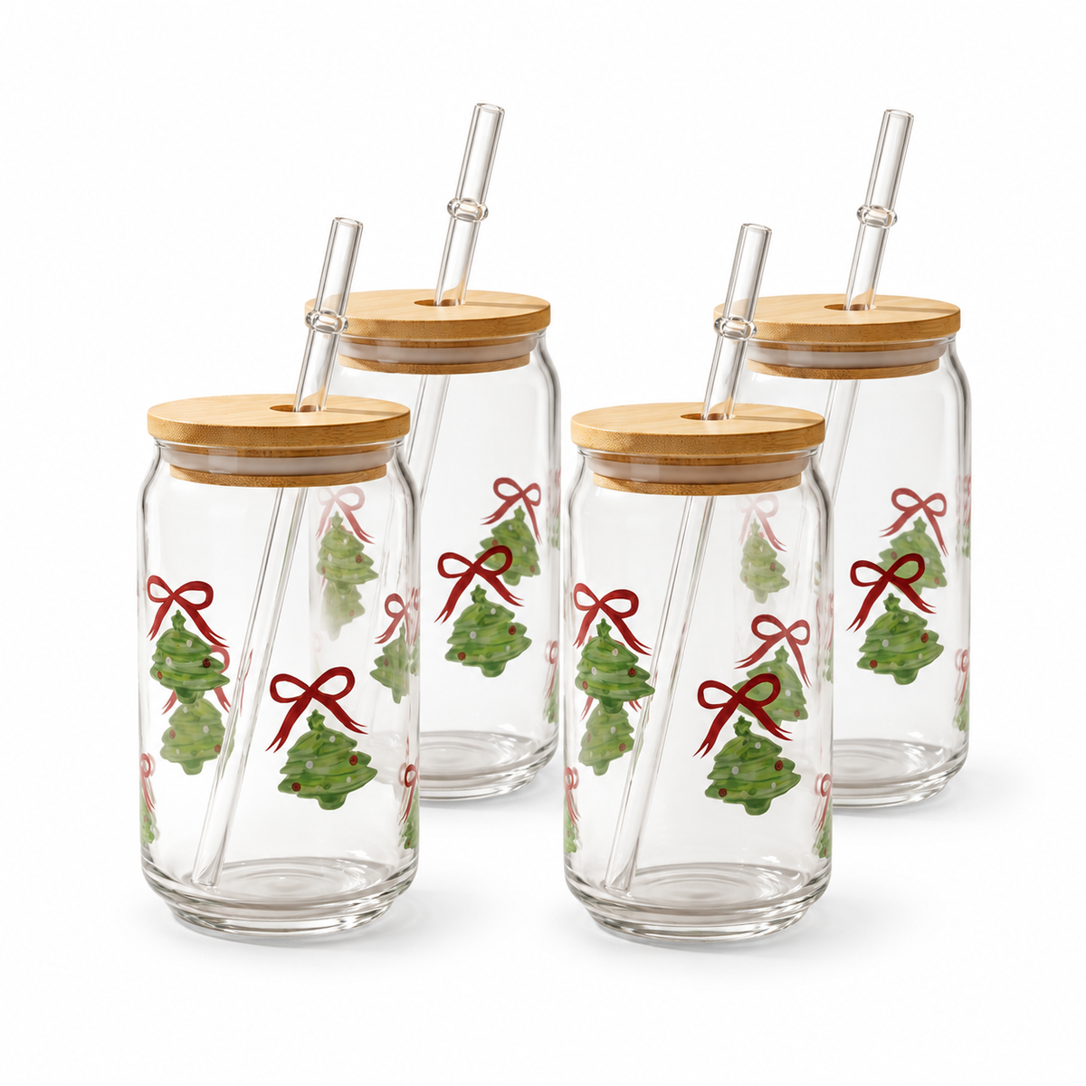 JS Gourmet Gobelets en verre 3D Icon avec couvercle en bambou et paille en verre, lot de 4 (500 ml, sapin de Noël) - Simple Boutique