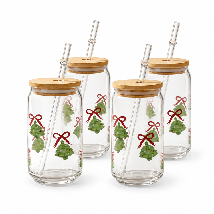 JS Gourmet Gobelets en verre 3D Icon avec couvercle en bambou et paille en verre, lot de 4 (500 ml, sapin de Noël) - Simple Boutique