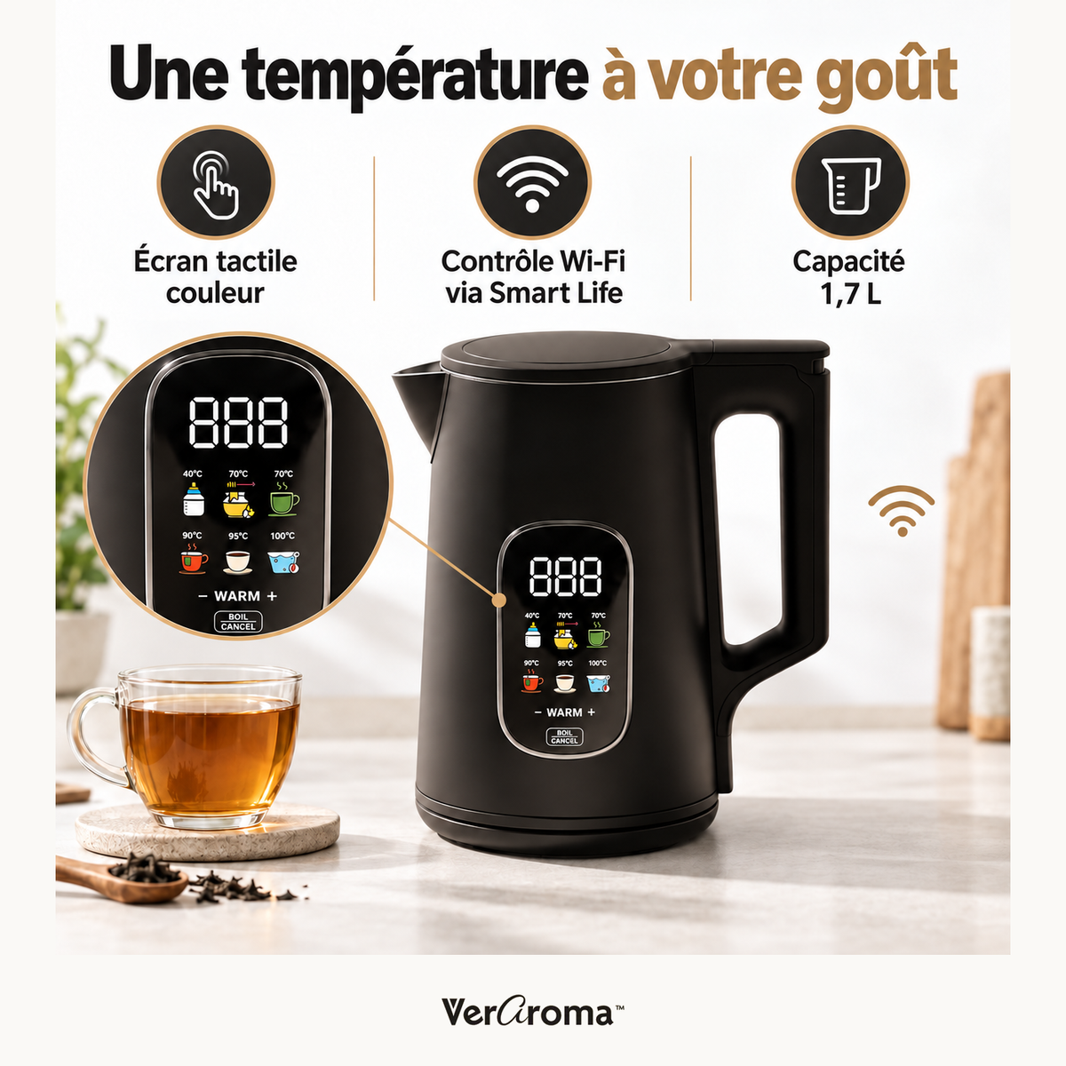 Bouilloire électrique intelligente Wi-Fi à double paroi avec écran numérique couleur, 1,7 L, noir — connectee v2 — logo original VerAroma