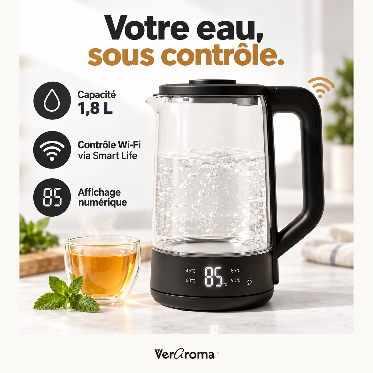 Bouilloire électrique intelligente Wi-Fi en verre et acier inoxydable avec indicateurs DEL de température à 4 couleurs, 1,8 L — connectee — logo original VerAroma