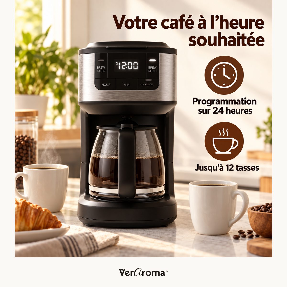 Cafetière à filtre numérique programmable de 12 tasses avec carafe en verre de 1,8 L, noire — Avantages — logo original VerAroma