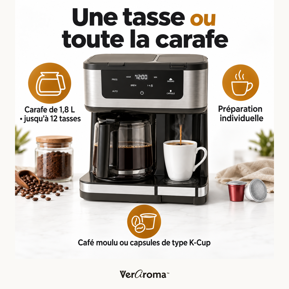 Cafetière VerAroma — carafe 1,8 L et préparation individuelle — logo original