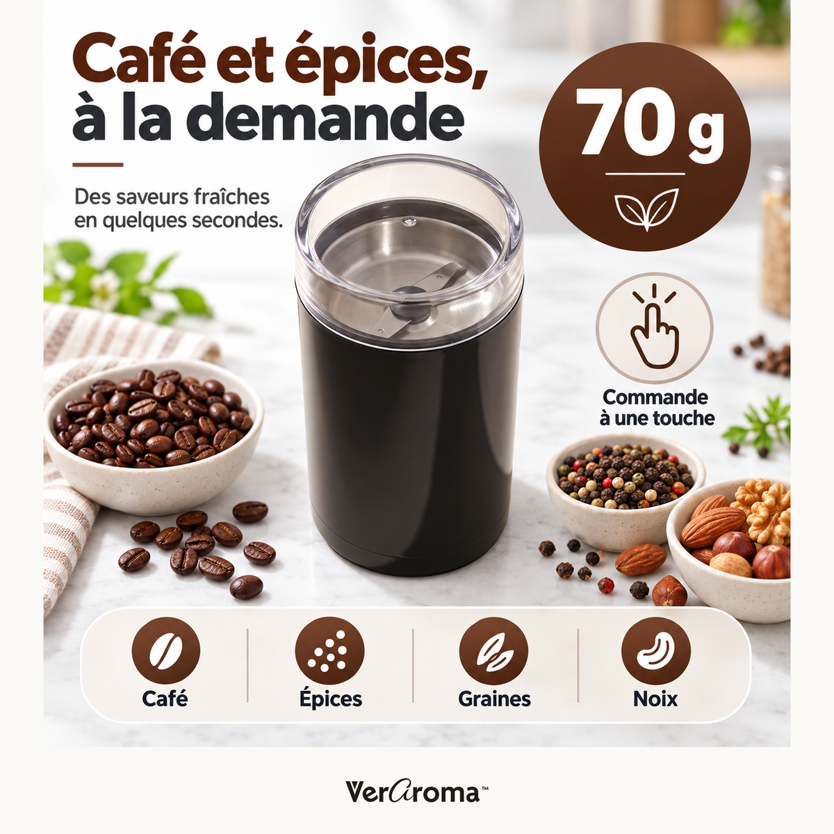 Moulin à café et épices électrique, acier inoxydable, 70g — cafe epices — logo original VerAroma