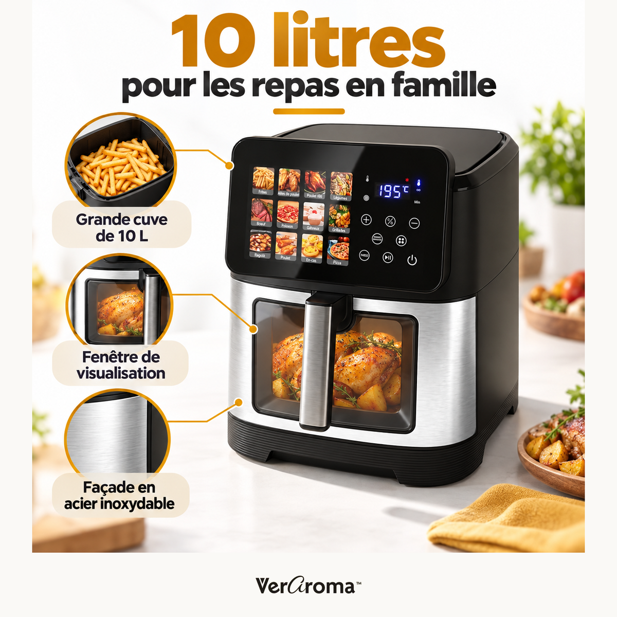 Friteuse à air numérique en acier inoxydable avec écran tactile couleur haute résolution et 12 fonctions de cuisson, 10 L — capacite — VerAroma