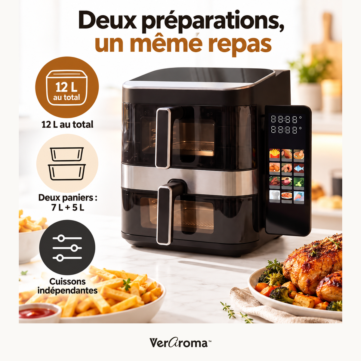 Friteuse à air numérique à double panier, 12 L, 7 L + 5 L, avec écran tactile couleur intuitif haute résolution — double panier — VerAroma