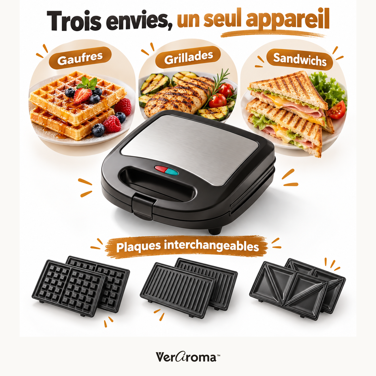 Gaufrier, grill et appareil à croque-monsieur 3-en-1 avec plaques interchangeables — polyvalence — VerAroma