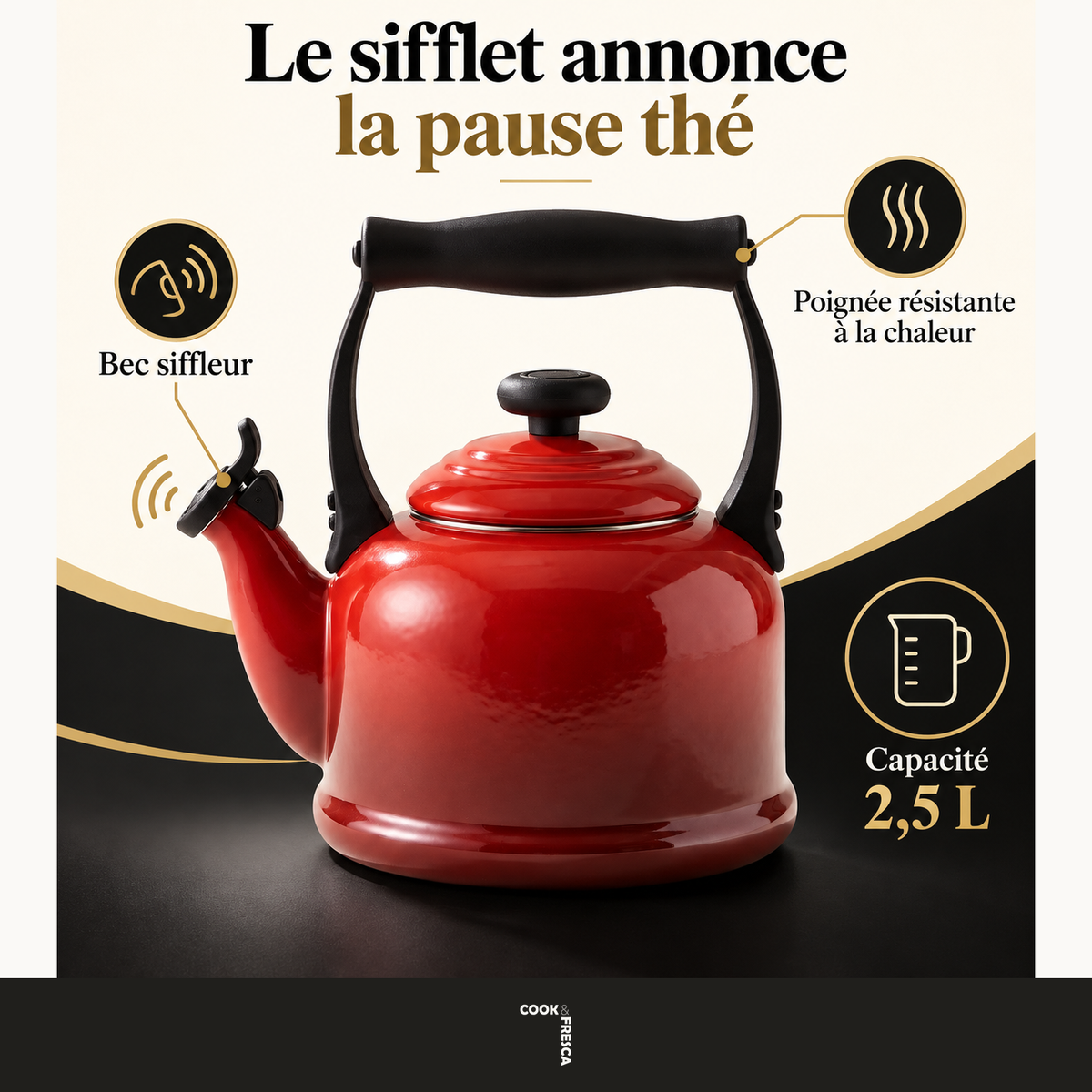 Bouilloire sifflante en acier au carbone émaillé - Rouge cerise, 2,5 L — service — logo original