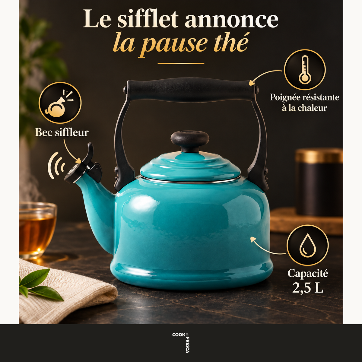 Bouilloire sifflante en acier au carbone émaillé - Bleu saphir, 2,5 L — service — logo original