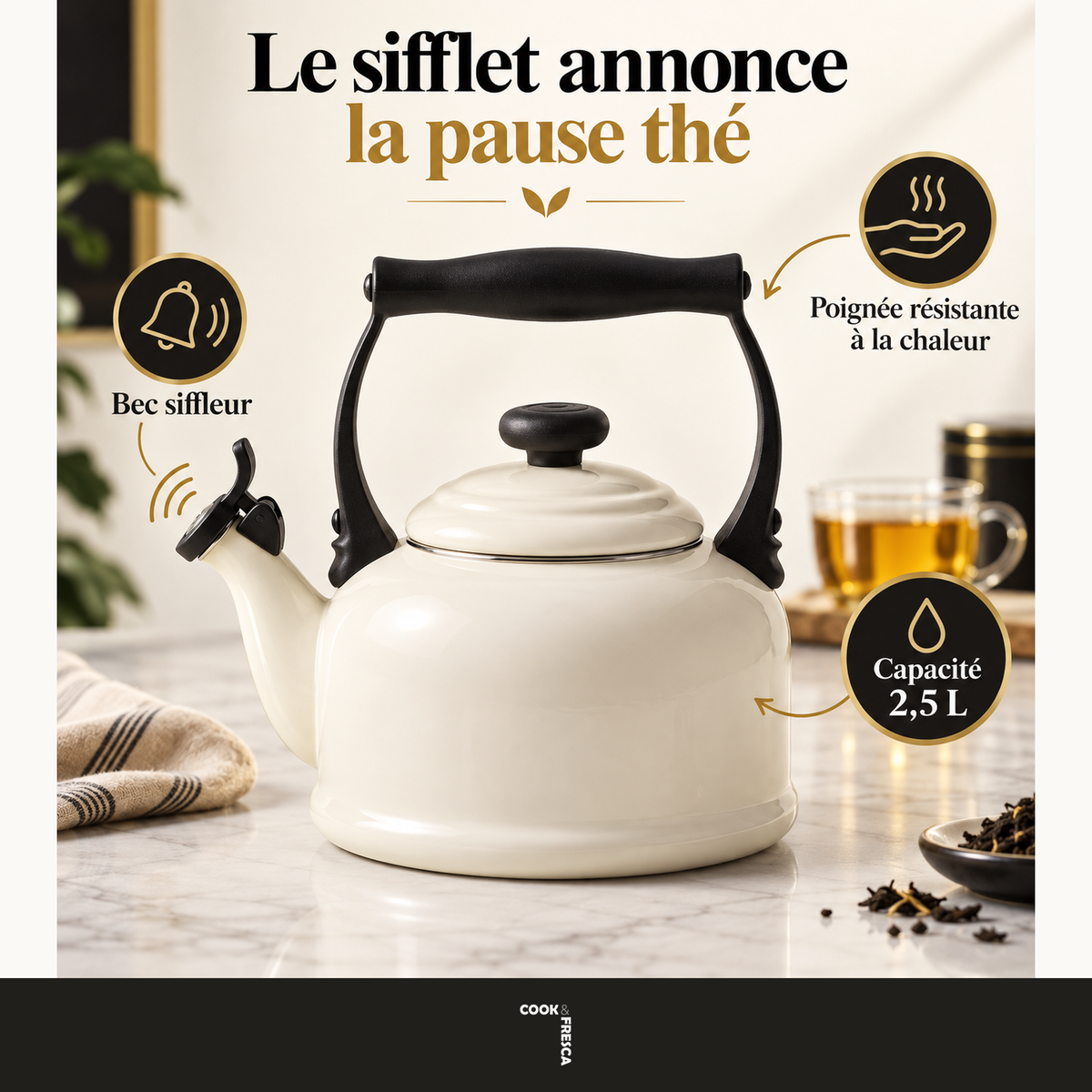Bouilloire sifflante en acier au carbone émaillé - Blanc, 2,5 L — service — logo original