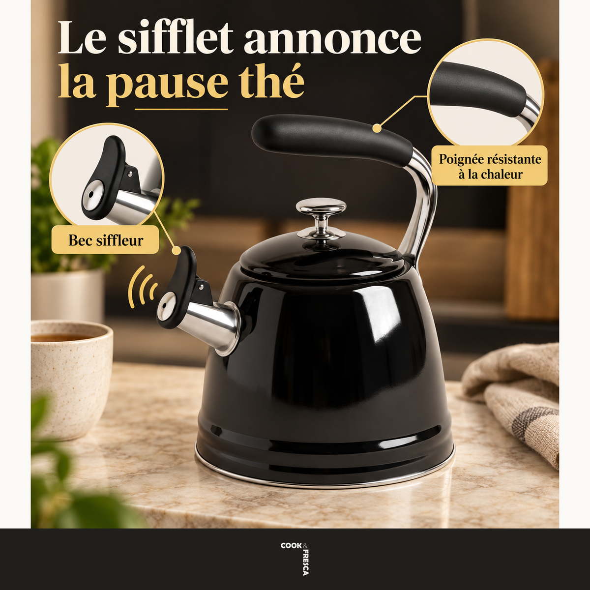 Bouilloire sifflante en acier inoxydable - Noire, 3 L — service — logo original Cook & Fresca