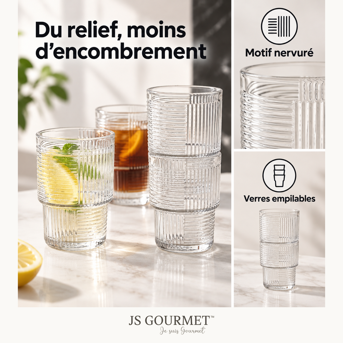 Verres à boire empilables à côtes, Lot de 4 - 325 ml — Avantages — logo original JS-Gourmet