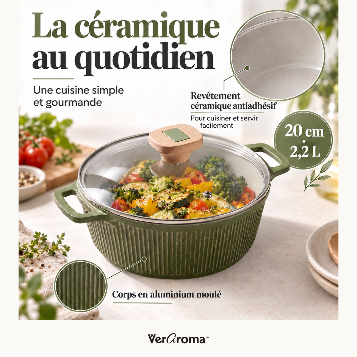 Cocotte 20 cm, 2,2 L : revêtement céramique et corps en aluminium.