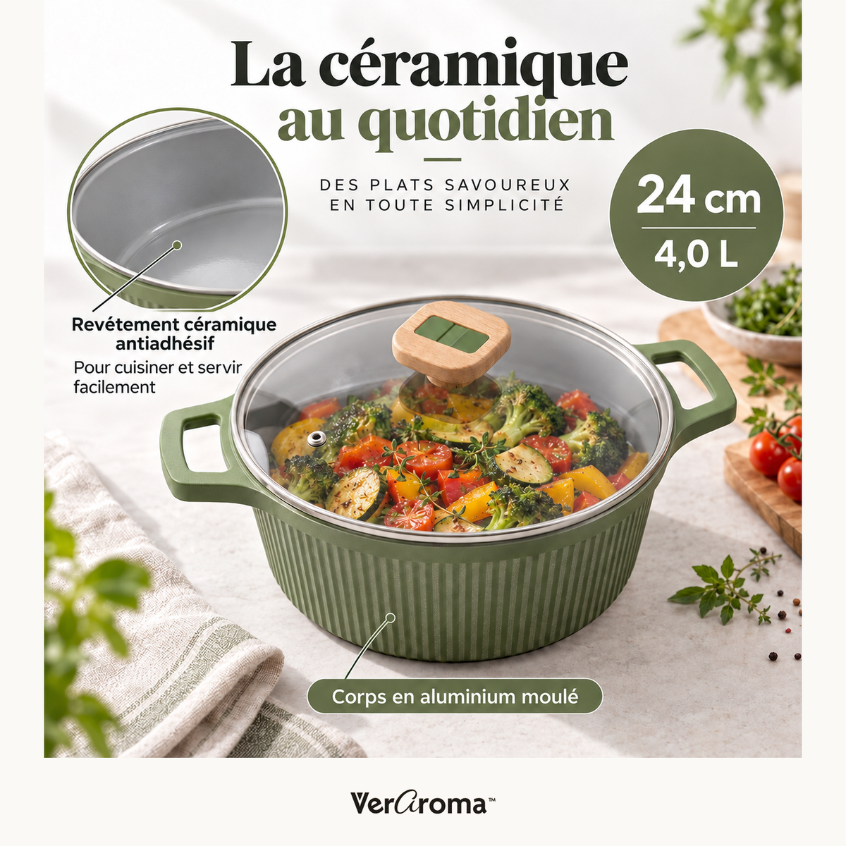 Revêtement céramique, corps en aluminium et dimensions du produit.