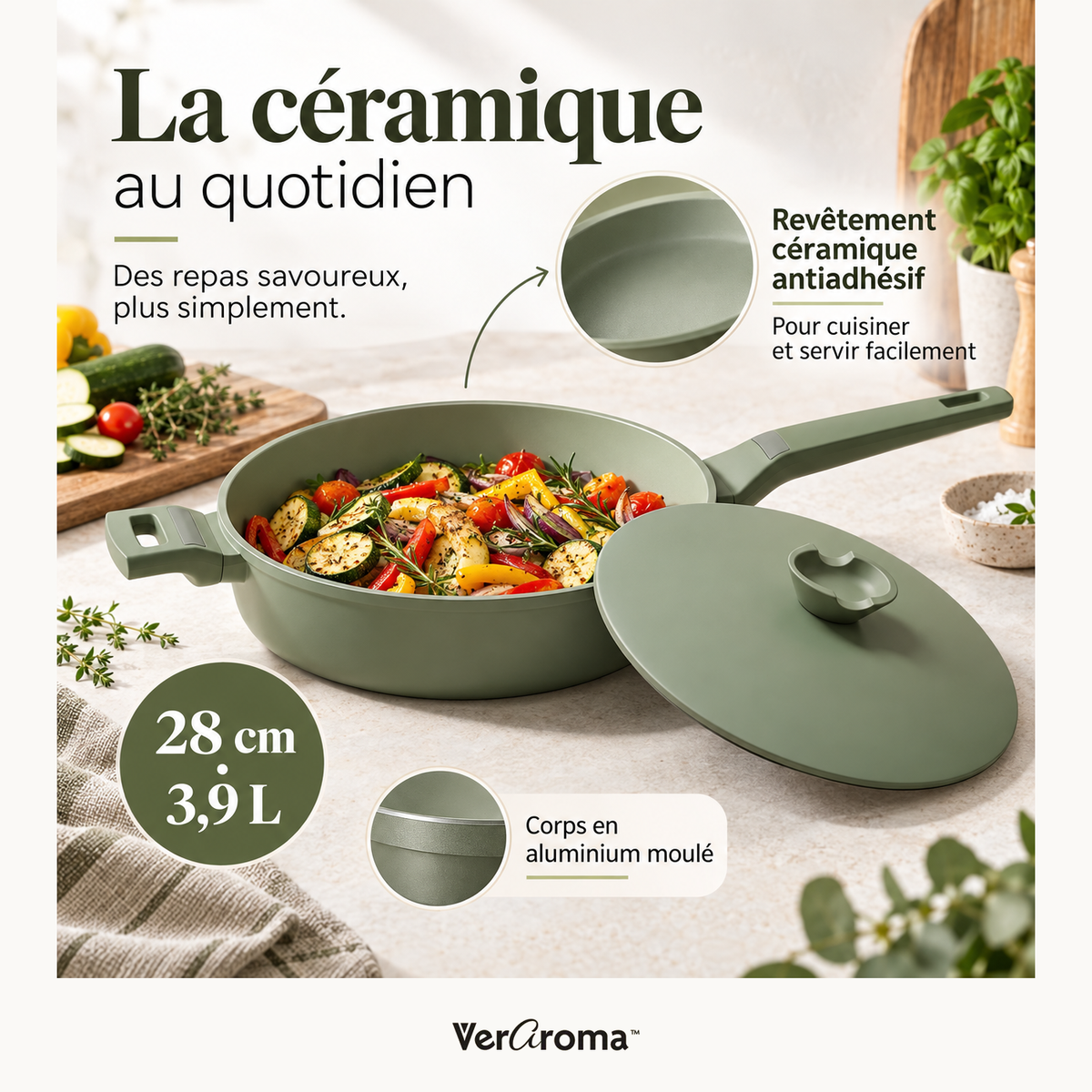 Revêtement céramique, corps en aluminium et dimensions du produit.
