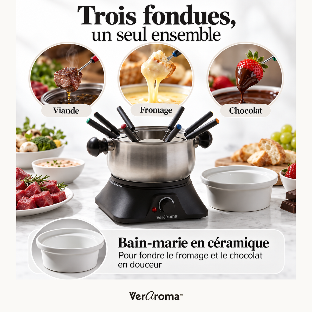 Trois styles de fondue : viande, fromage et chocolat, avec bain-marie en céramique.