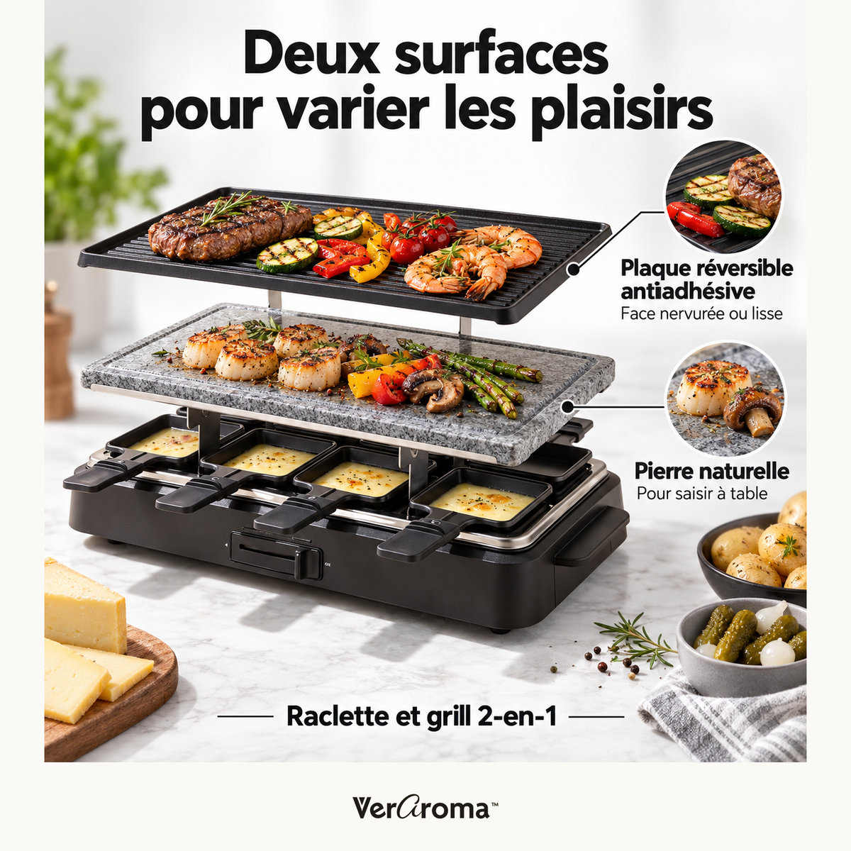 Raclette 2-en-1 : plaque réversible antiadhésive et pierre naturelle.