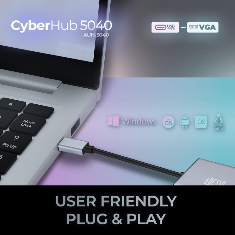 Adesso - Adaptateur USB-C Vers VGA CyberHub 5040, 1080P/60Hz - Simple Boutique