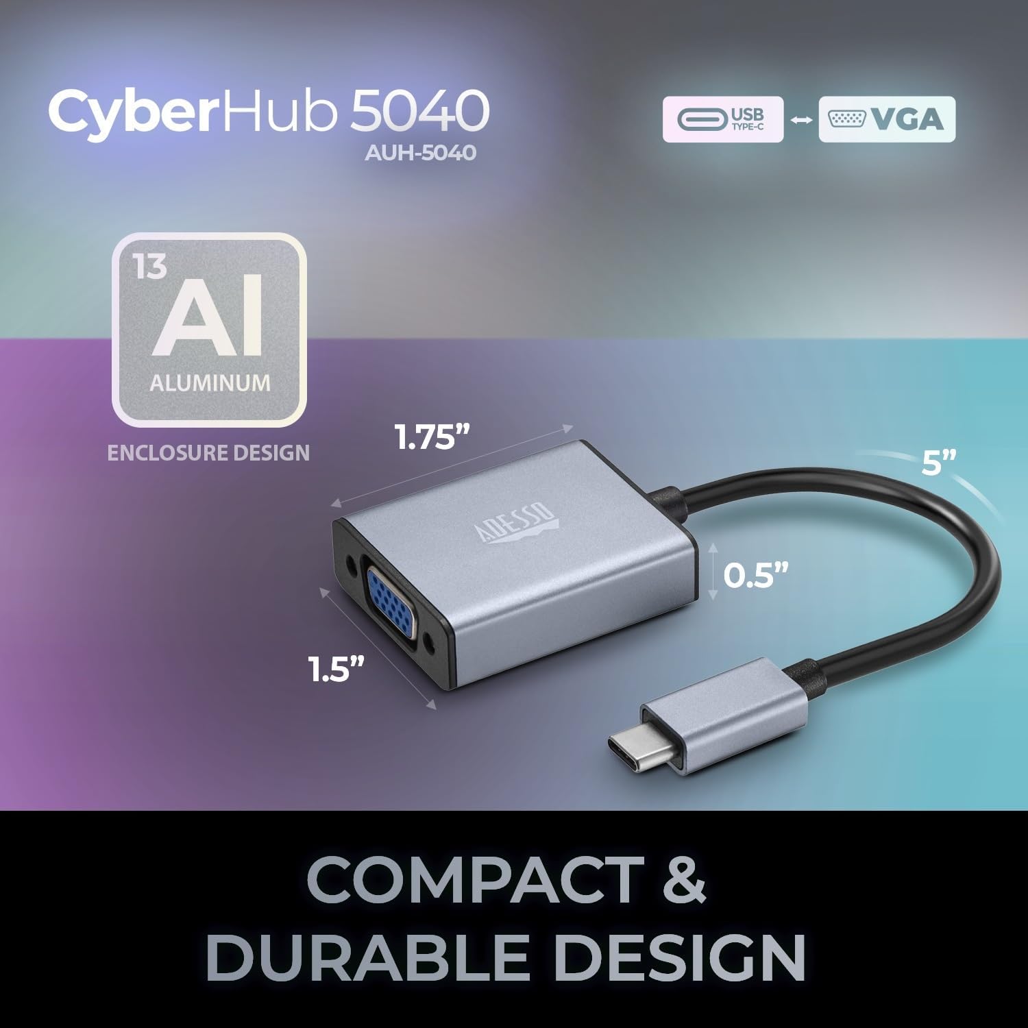 Adesso - Adaptateur USB-C Vers VGA CyberHub 5040, 1080P/60Hz - Simple Boutique