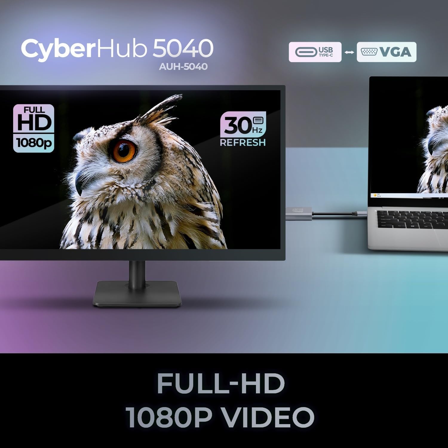 Adesso - Adaptateur USB-C Vers VGA CyberHub 5040, 1080P/60Hz - Simple Boutique