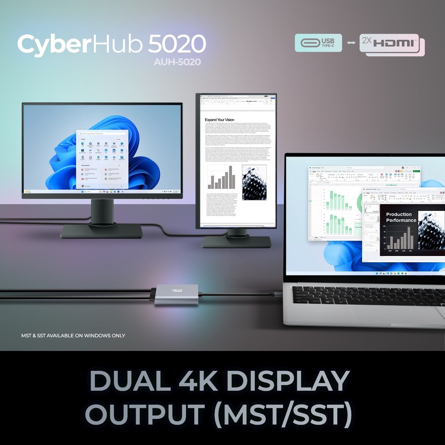 Adesso - Adaptateur USB-C vers 2 Ports HDMI CyberHub 5020, Débit 4K Haute Vitesse - Simple Boutique
