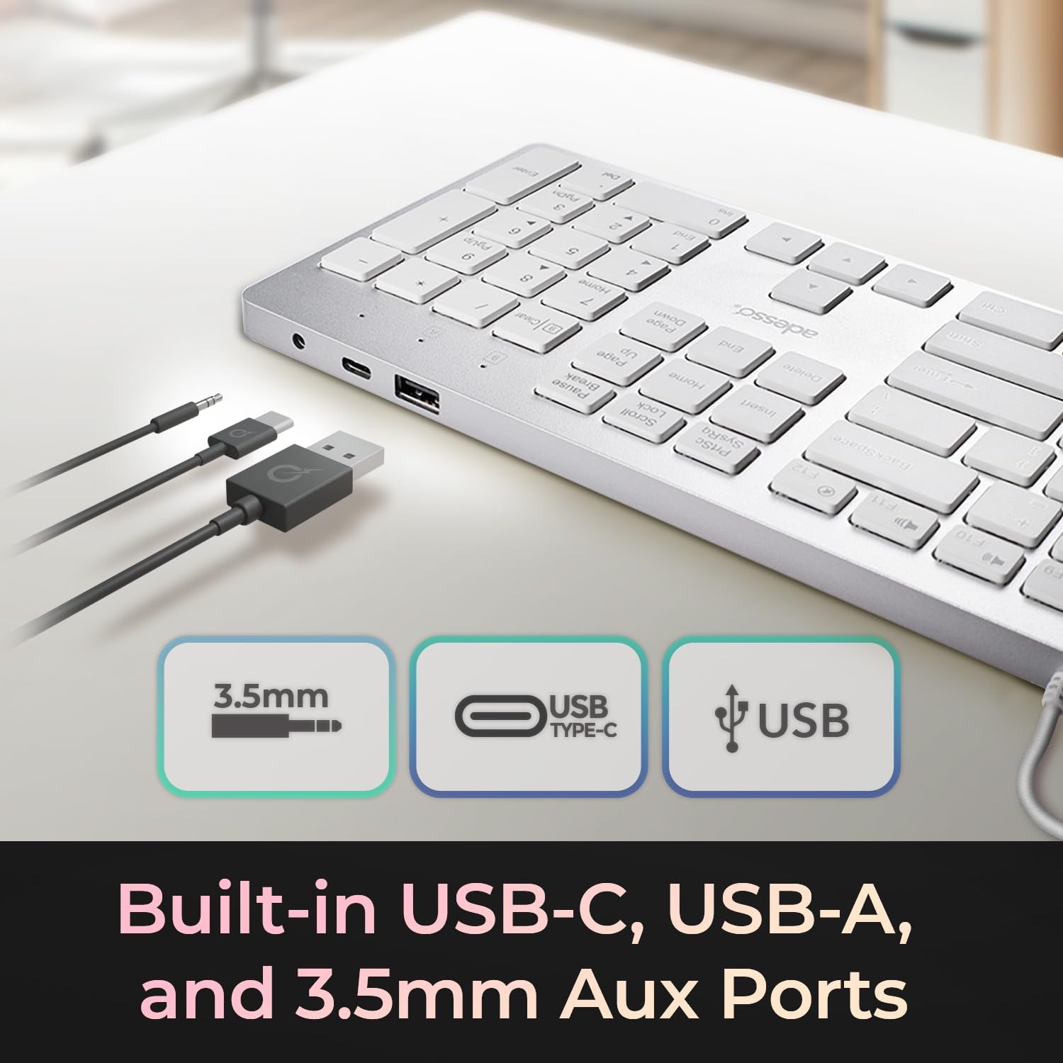 Adesso - Clavier Filaire USB-C avec Raccourci Co-Pilot, Prise USB-A, USB-C et 3.5mm, Gris - Simple Boutique