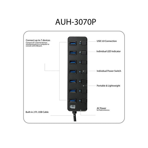Adesso - HUB USB 3.0 à 7 Ports Avec Interrupteur d'alimentation Individuel, Noir
