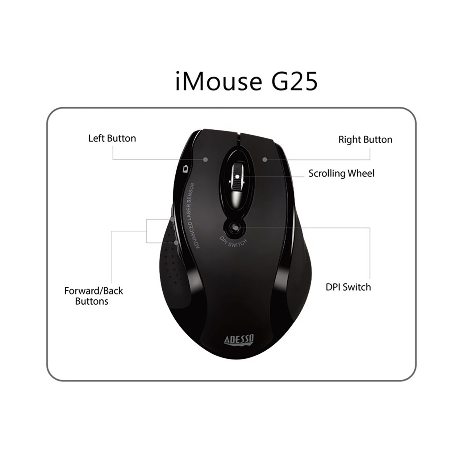 Adesso - Souris Laser Sans-Fil, Ergonomique, DPI Ajustable, Noir - Simple Boutique