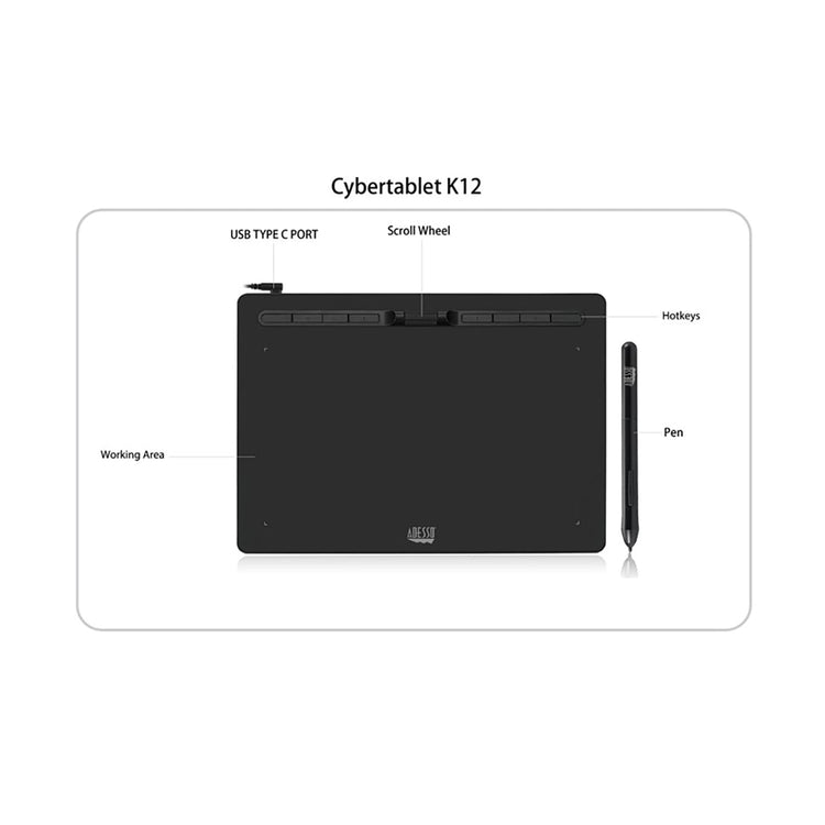Adesso - Tablette Grapique avec Stylet, 12" x 7", 8 192 Niveaux de Sensibilité à la Pression, Noir - Simple Boutique