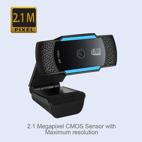 Adesso - WebCam HD 1080P, Mise au Point Automatique, Double Microphone Intégré, Bleu