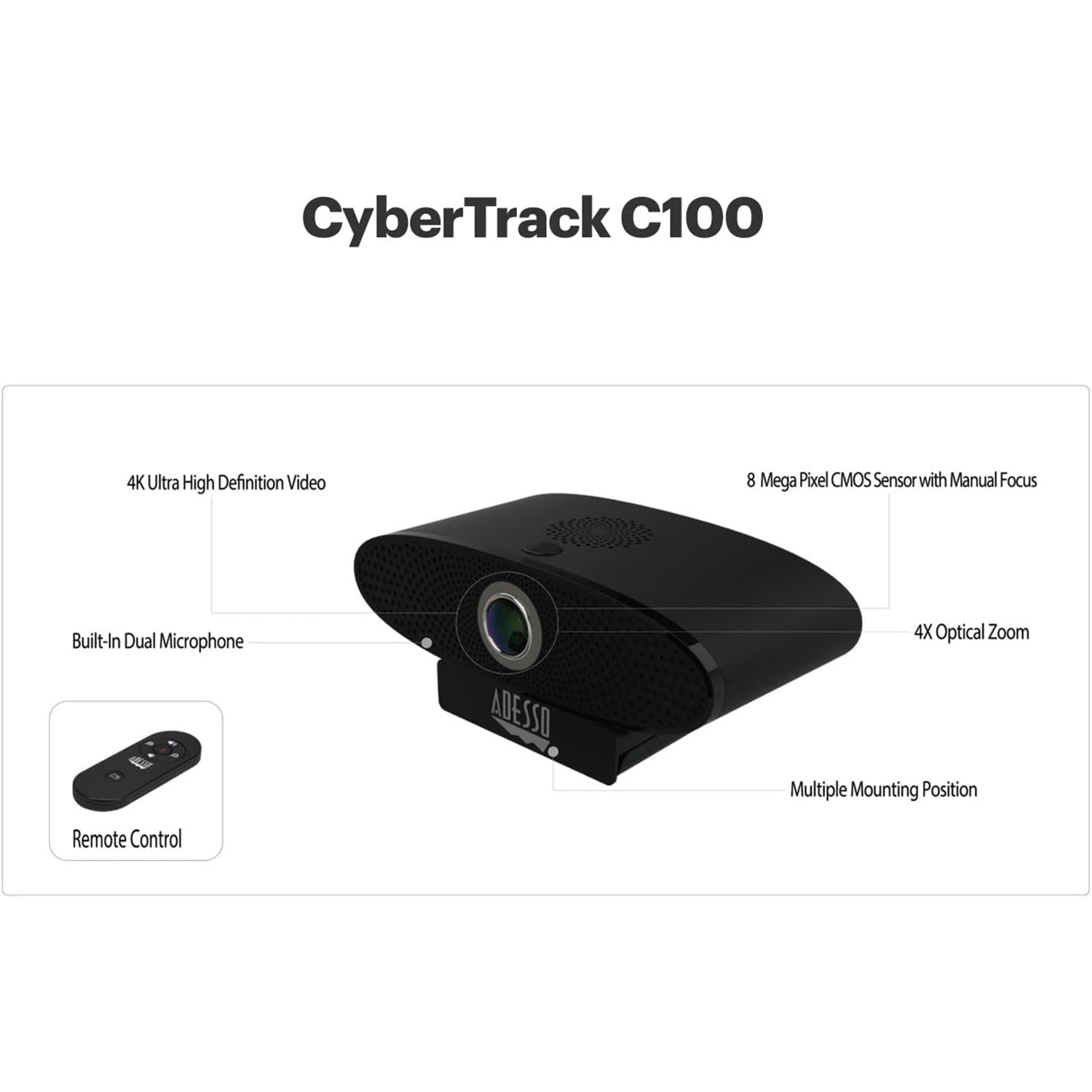 Adesso - Webcam Ultra HD 4K, Double Microphone Intégré, Télécommande Infrarouge, Noir - Simple Boutique