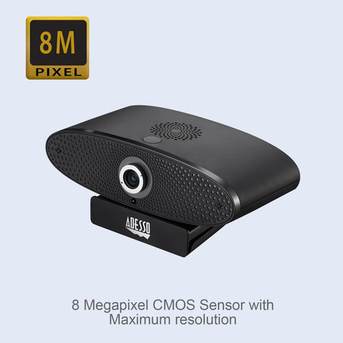 Adesso - Webcam Ultra HD 4K, Double Microphone Intégré, Télécommande Infrarouge, Noir